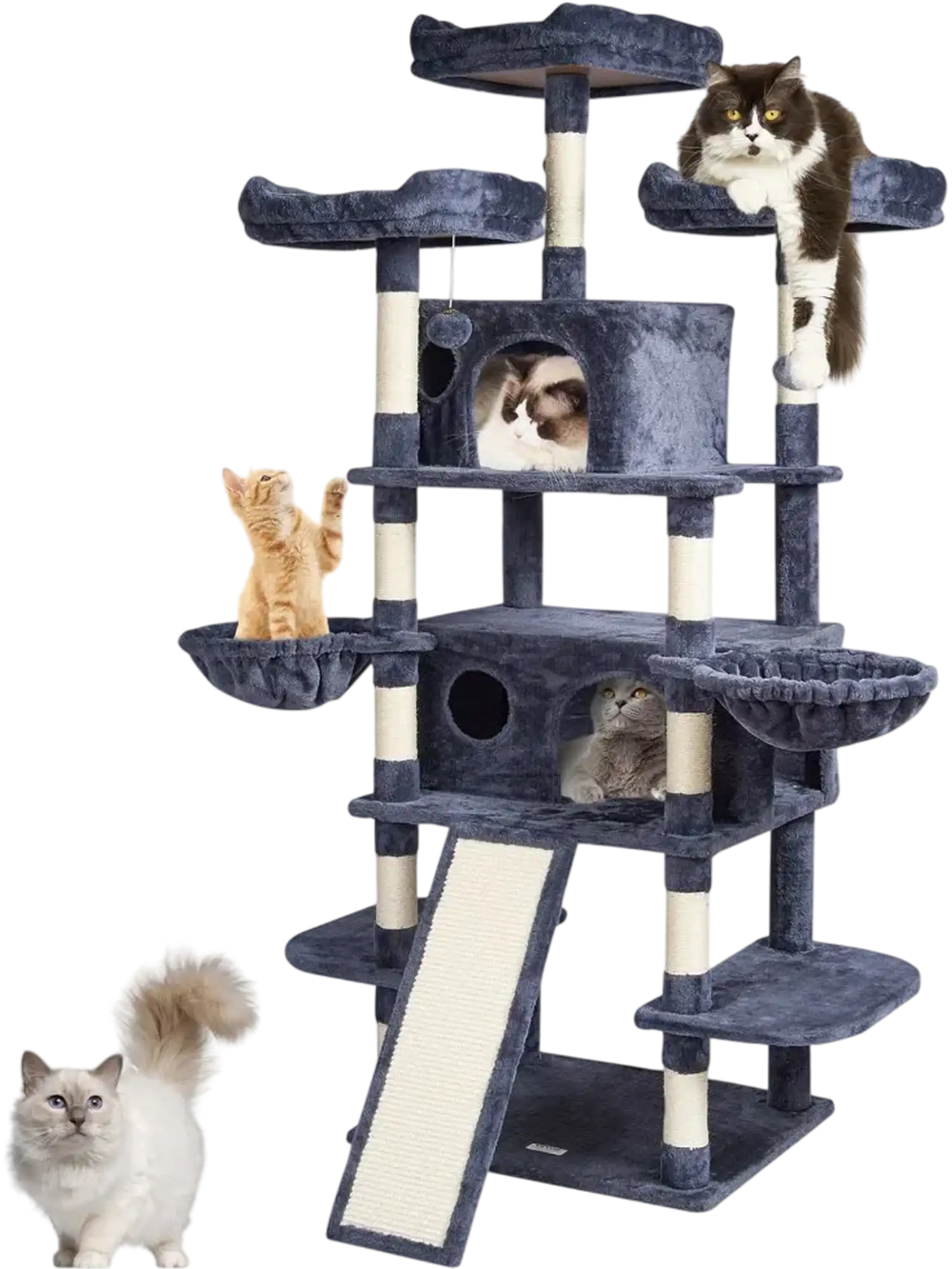 VEVOR Cat Tree for Indoor Cats, 68.5" Cat Tower with 2 Cat Condos, Sisal Scratching Post, Hammocks, Top Perches, Jumping Platforms and Ramp, Cat Furniture Activity Center with Hang Balls, Dark Grey