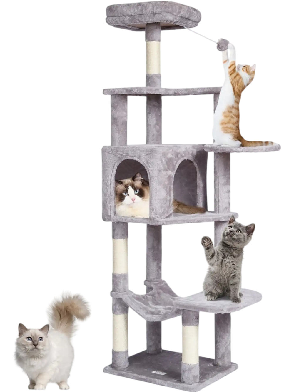 VEVOR Cat Tree for Indoor Cats, 60.6" Cat Tower with Cat Condo, Sisal Scratching Post, Hammock, Top Perch, Jumping Platforms, Large Cat Furniture Activity Center with Hang Ball, Light Grey