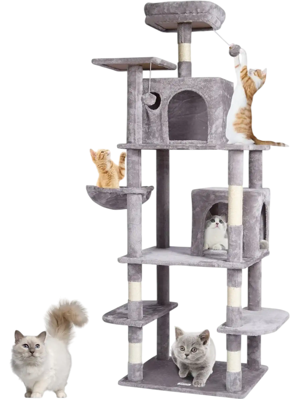 VEVOR Cat Tree for Indoor Cats, 68.5" Cat Tower with 2 Cat Condos, Sisal Scratching Post, Hammock, Top Perch, Jumping Platforms, Large Cat Furniture Activity Center with Hang Ball, Light Grey