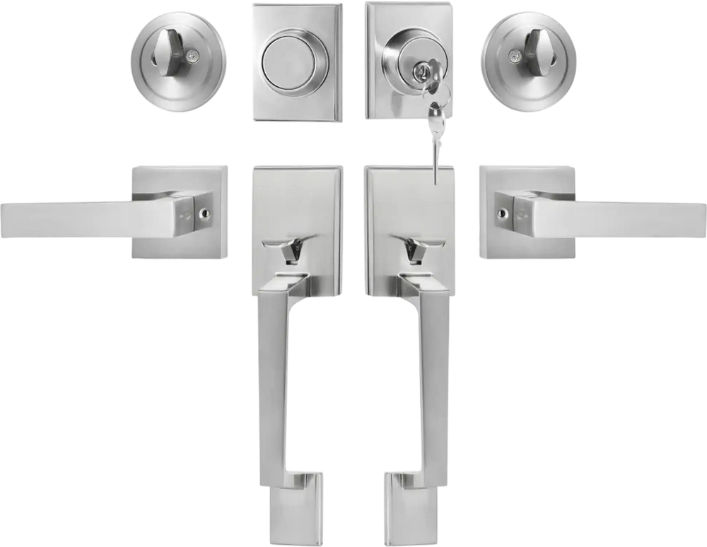 VEVOR Double Door Handle Set, Double Door Lock Set with Reversible Handle Lever, Satin Nickel Square Door Lever, Heavy Duty Double Front Door Handle Set with Dummy, for Front Door or Office Door