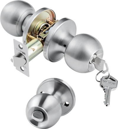 VEVOR Keyed Entry Door Knob, Satin Nickel Door Knob with Round Ball, Keyed Exterior & Thumb Turn Lock Interior, All Metal Doorknobs Hardware with Lock and Keys, Modern Design for Bedroom & Bathroom