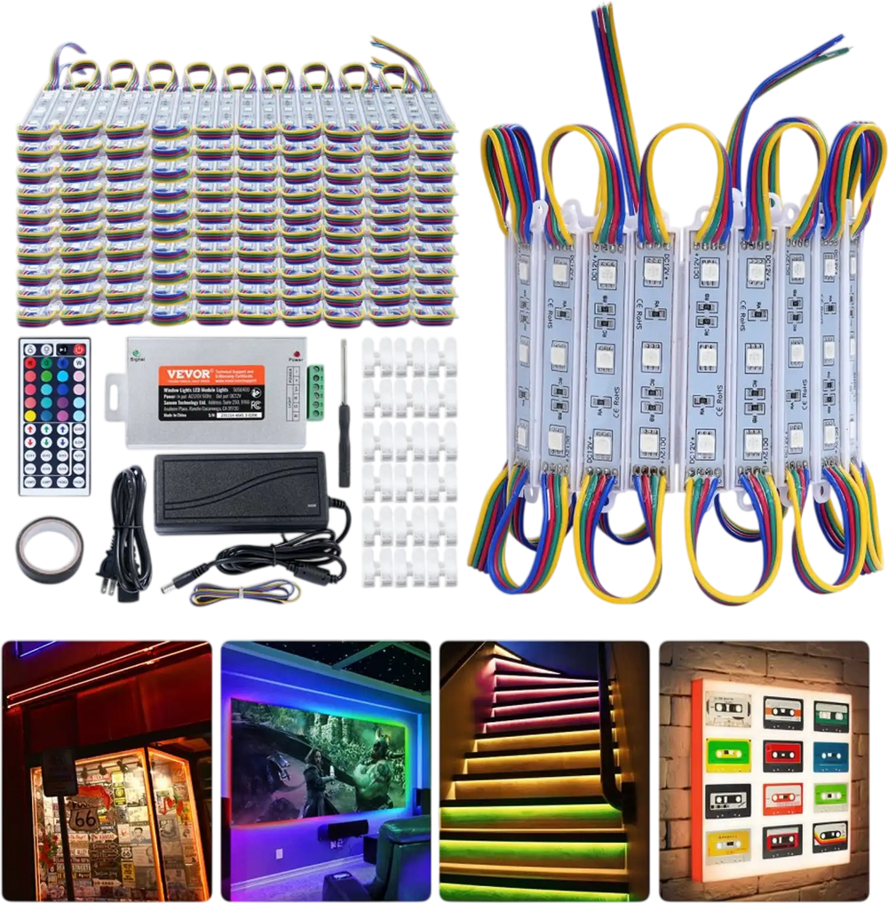 VEVOR 200PCS LED Storefront Lights, 103 ft, LED Module Lights, 5050 SMD 3-LED RGB Color Changing Window Lights with Remote Control for Business Store Window Advertising Letter Signs, IP68 Waterproof