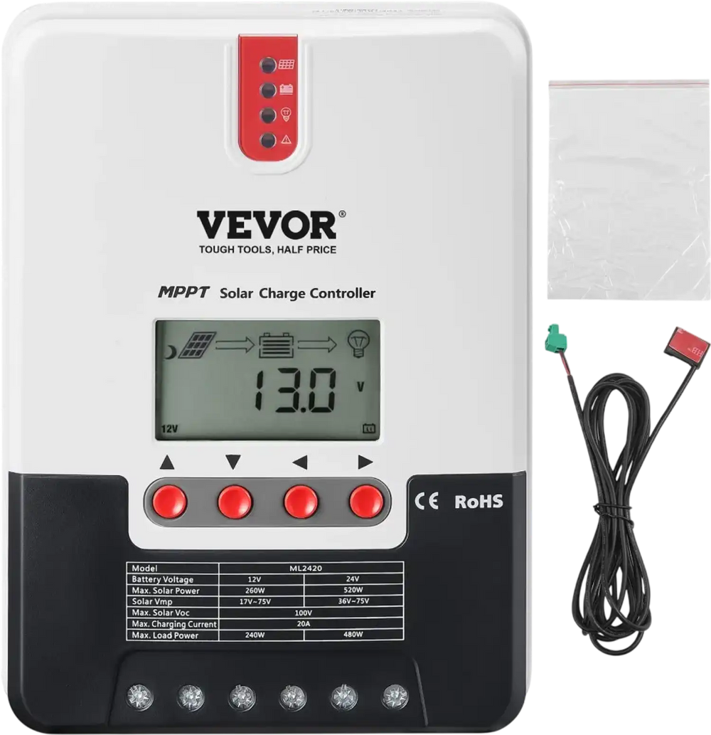 VEVOR 20A MPPT Solar Charge Controller, 12V / 24V Auto DC Input, Solar Panel Regulator Charger with LCD Display Temperature Sensor Cable, for Sealed(AGM), Gel, Flooded and Lithium Battery Charging