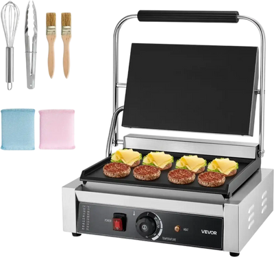VEVOR Commercial Panini Grill, 1800W Electric Sandwich Panini Maker, Stainless Steel Sandwichs Press Grill with Handle and Temp Control, 13.5x9.3 in Full Flat Enamel Plate, for Hamburger Steak Bacon