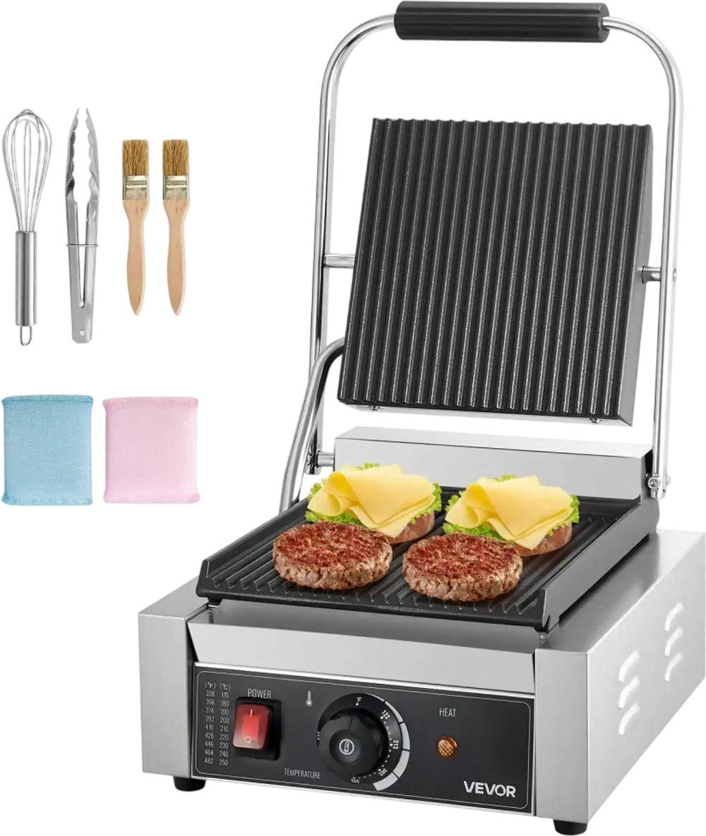 VEVOR Commercial Panini Grill, 1800W Electric Sandwich Panini Maker, Stainless Steel Sandwichs Press Grill with Handle and Temp Control, 8.8x9 in Full Grooved Enamel Plate for Hamburger Steak Bacon