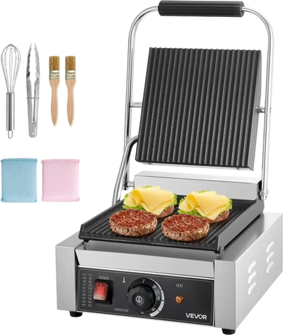 VEVOR Commercial Panini Grill, 1800W Electric Sandwich Panini Maker, Stainless Steel Sandwichs Press Grill with Handle and Temp Control, 8.8x9 in Full Grooved Enamel Plate for Hamburger Steak Bacon