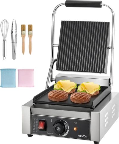 VEVOR Commercial Panini Grill, 1800W Electric Sandwich Panini Maker, Stainless Steel Sandwichs Press Grill with Handle and Temp Control, 8.8x9 in Flat Enamel Plate, for Hamburger Steak Bacon