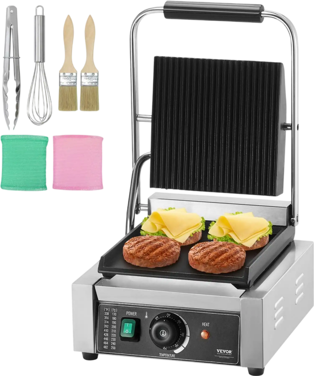 VEVOR Commercial Panini Grill, 1800W Electric Sandwich Panini Maker, Stainless Steel Sandwich Press Grill, Panini Grill with Temp Control & 9"x9" Flat Enamel Plate, for Hamburger Steak Bacon