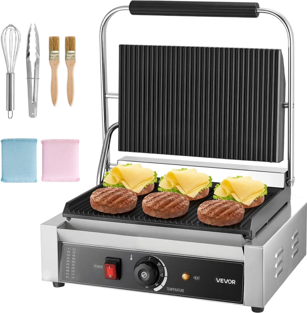 VEVOR Commercial Panini Grill, 1800W Electric Sandwich Panini Maker, Stainless Steel Sandwichs Press with Handle and Temp Control, 13.5x9.3 in Full Grooved Enamel Plate, for Hamburger Steak Bacon