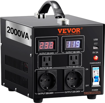 VEVOR Voltage Converter Transformer, 2000W, Heavy Duty Step Up/Down Transformer, Convert from 110 Volt to 220 Volt and  from 220 Volt to 110 Volt, with US Outlet EU Outlet 5V USB Port, CE Certified