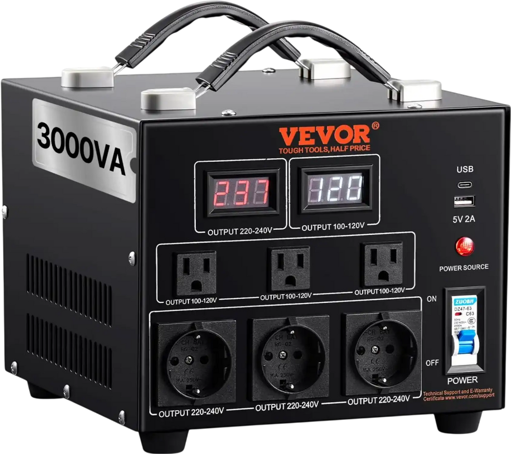VEVOR Power Converter, 3000W, Durable Step Up/Down Unit, Switches between 110V and 220V, Includes US and EU Outlets plus 5V USB, CE Approved