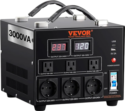 VEVOR Power Converter, 3000W, Durable Step Up/Down Unit, Switches between 110V and 220V, Includes US and EU Outlets plus 5V USB, CE Approved