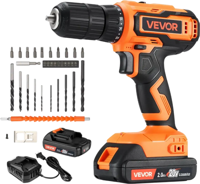 VEVOR Cordless Drill Driver, 1/2 inch Metal Chuck, Dual-Speed Variable, Drill Driver Kit with Lithium Battery and Charger, Belt Clip, for Wood and Metal Drilling, Screw Tightening or Loosening
