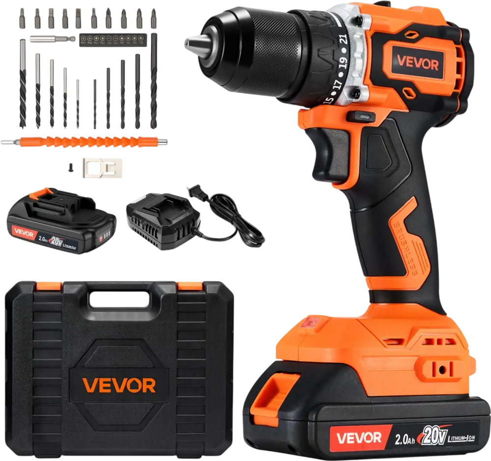VEVOR Cordless Drill Driver, 1/2 inch Metal Chuck, Brushless Motor, Dual-Speed Variable, Drill Driver Kit with Lithium Battery and Charger, Tool Box, for Wood and Metal Drilling, Screw Driving