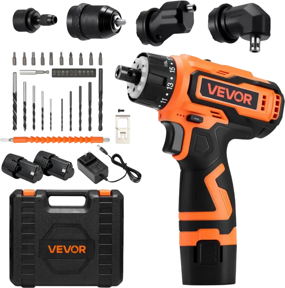 VEVOR Cordless Drill Driver, 5-In-1, Metal Chuck, Dual-Speed Variable, Drill Driver Kit with 2 Lithium Batteries and Charger, Tool Box, for Wood and Metal Drilling, Screw Tightening or Loosening