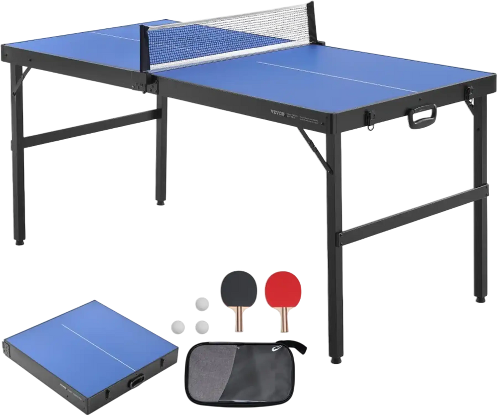 VEVOR Ping Pong Table, Mid-Size Table Tennis Game, Indoor MDF Table Tennis Table, Foldable Portable Complete Ping Pong Table Set with Net, 2 Paddles, 3 Balls, Carry Bag, Handle (No Assembly Required)