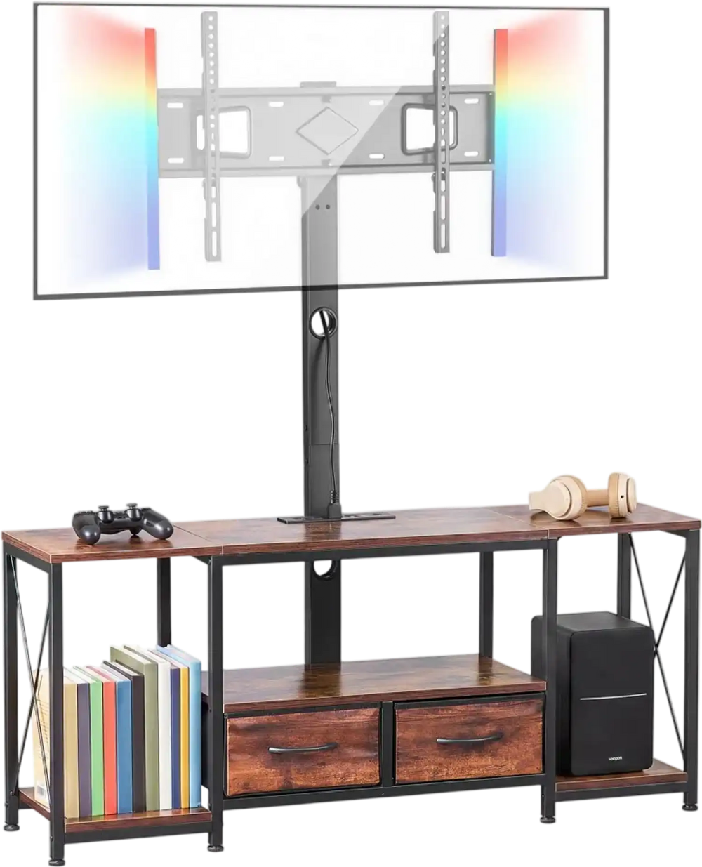 VEVOR TV Stand with Mount, 47.2 Inch, TV Stand Console with Power Outlet & Storage Drawers, for 32-75 Inch TVs, Height Adjustable Entertainment Center with LED Lights, for Living Room, Rustic Brown
