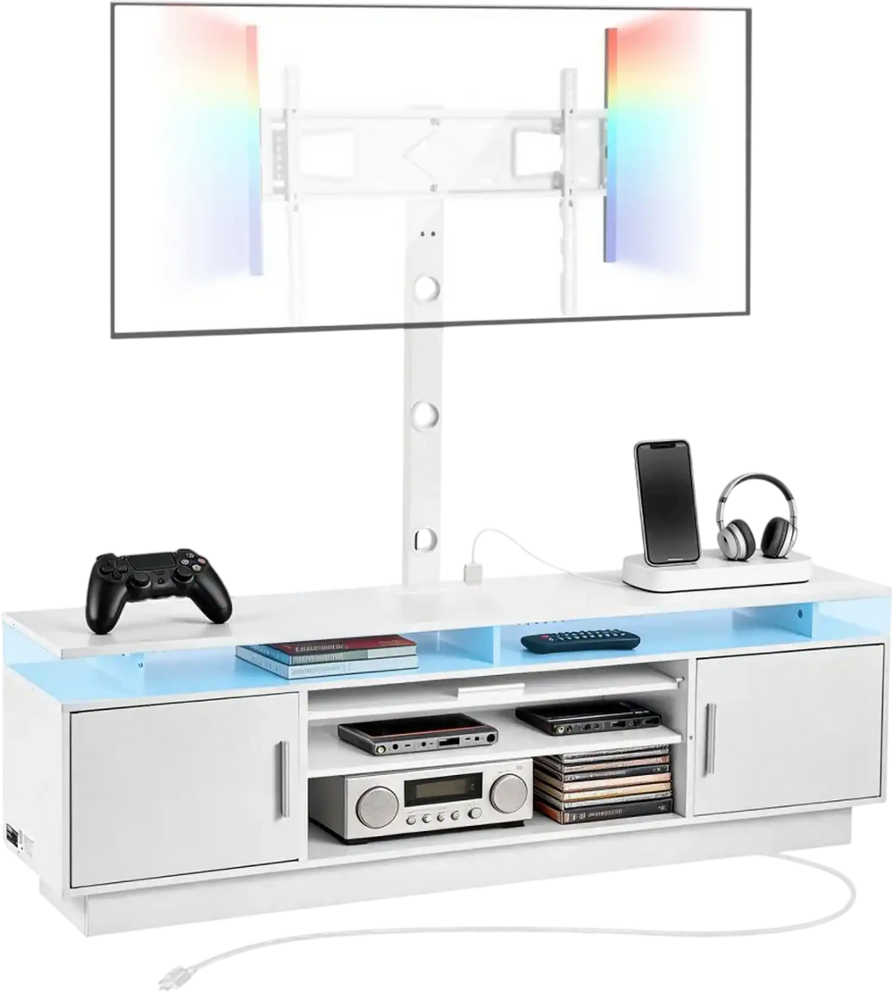 VEVOR TV Stand with Mount, 59.1 Inch, Swivel TV Stand Console with Power Outlet, for 32-75 Inch TVs, Height Adjustable Modern Entertainment Center with Storage & LED Lights, for Living Room, White