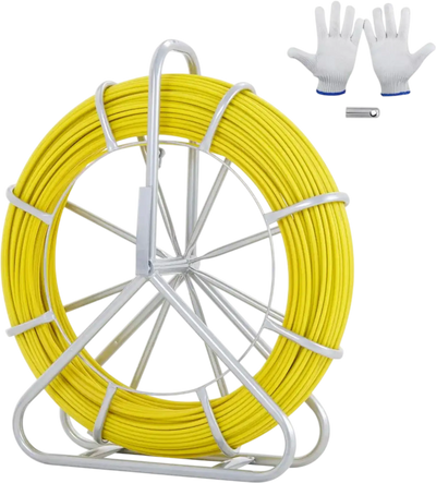 VEVOR Fish Tape Fiberglass, 492 ft, 5/16 in, Duct Rodder Fishtape Wire Puller, Cable Running Rod with Steel Reel Stand, 3 Pulling Heads, Fishing Tools for Walls and Electrical Conduit, Non-Conductive