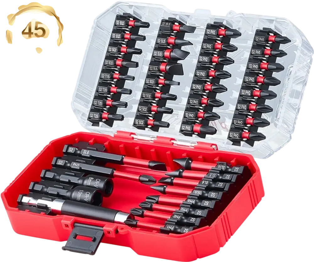 VEVOR Screwdriver Bit Set, 45-Piece, Magnetic Phillips, Slotted, Square, Torx Bit, Hex Nut Sockets, Extension Rod with Transparent Storage Case, High-Strength S2 Alloy Steel, Blackened Finish