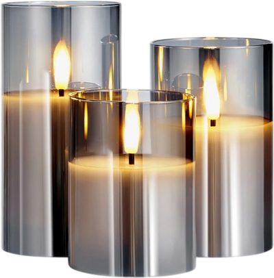 VEVOR Gray Flickering Flameless Candles, Set of 3 Battery Operated Flameless Led Candles with 10-Key Remote and Timer, Real Wax & Warm Color Flickering Light for Festival Wedding Home Party Decor