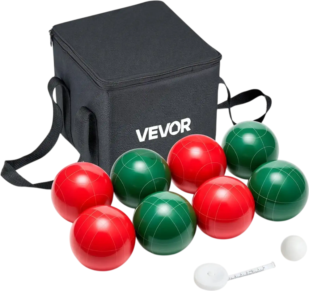 VEVOR Bocce Ball Set, 107 mm, with 8 Resin Balls, Pallino, Carrying Bag and Measuring Rope, Red and Green 2 Colors, for 2 to 8 Players, Bocce Ball Game Set for Beach, Lawn, Family Backyard, Outdoor