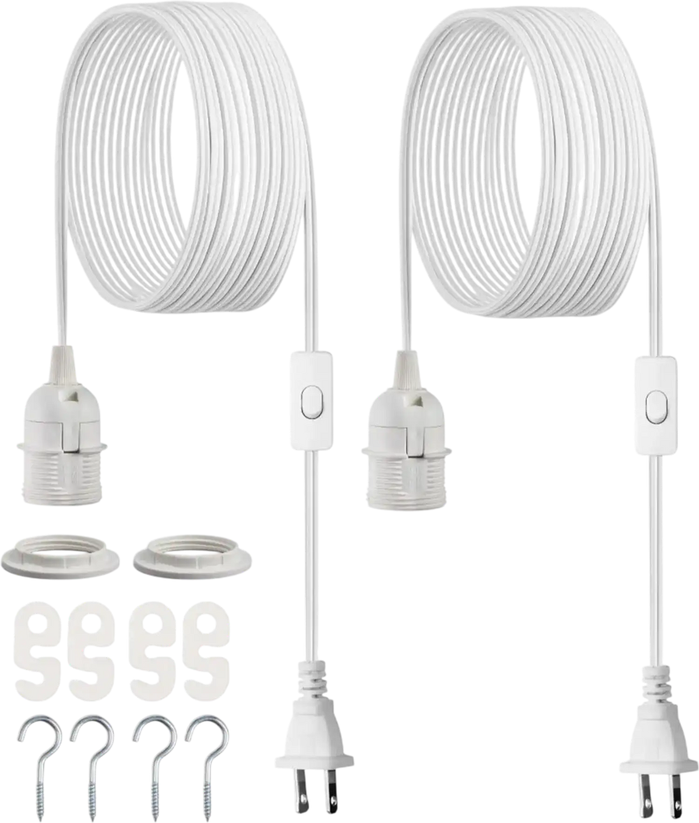 VEVOR Plug in Hanging Light Cord Kit, 16ft Lantern Extension Cords, 2 Pack E26 Light Socket Lamp Cord Replacement, Secure & Sturdy, Easy to Install, Pendant Lamp Kit On/Off Switch & Socket Rings