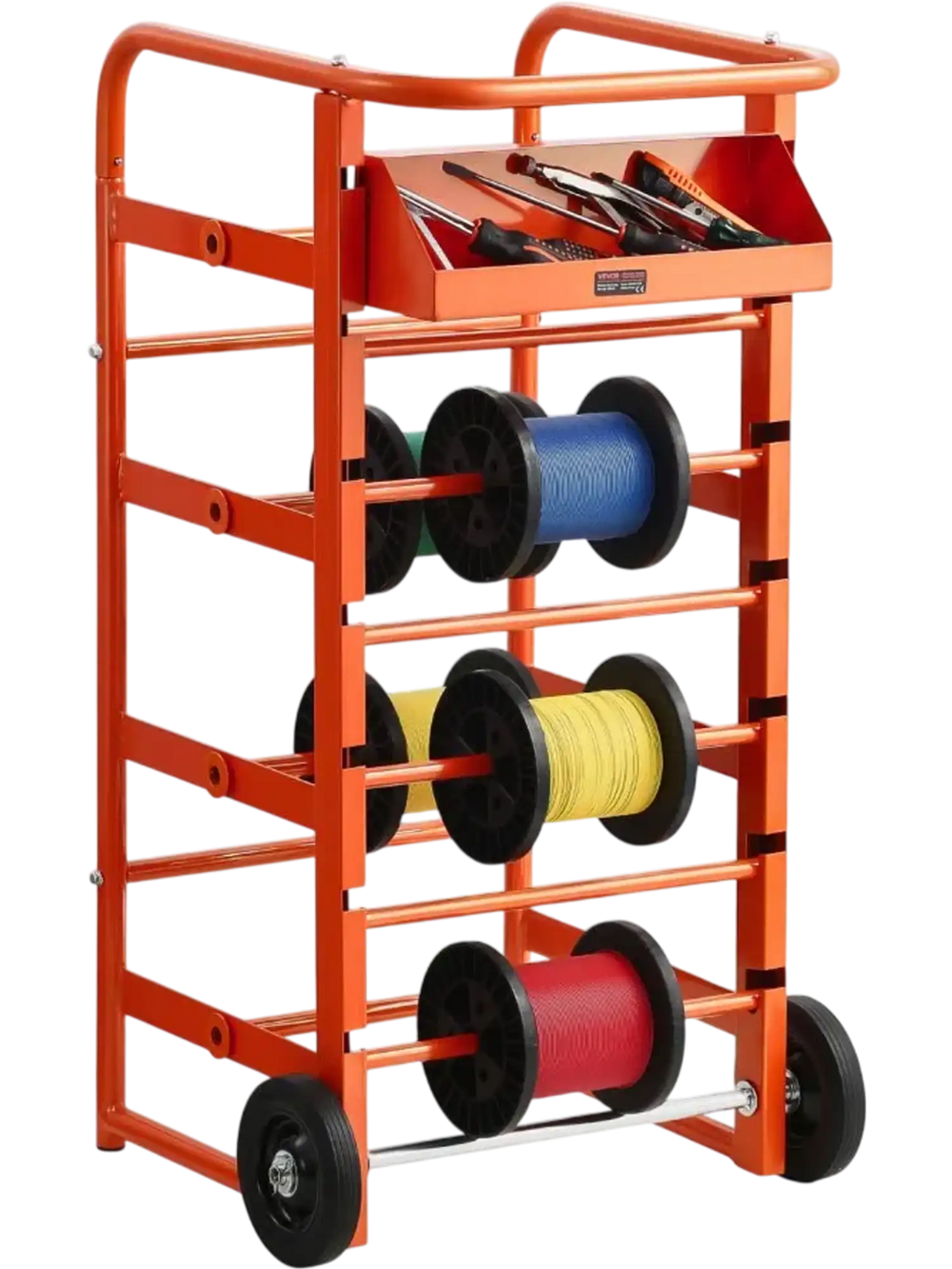 VEVOR Wire Spool Rack, 11 Rods, Multi-Spool Wire Rack Dispenser, Cable Caddy with Wheels, Cable Holder with Storage Tray for Wiring Storage, for Electrical, Industrial & Retail Use, Working Efficiency