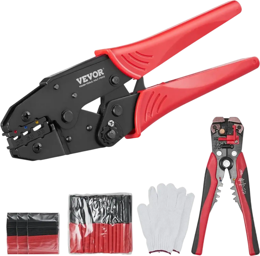 VEVOR Ratcheting Crimping Tool Set For Insulated Electrical Connectors AWG22-10 with Wire Stripper and 210pcs Heat Shrink Tubes Labor-Saving Ratcheting Wire Crimp Pliers