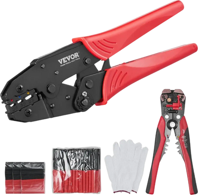 VEVOR Ratcheting Crimping Tool Set For Insulated Electrical Connectors AWG22-10 with Wire Stripper and 210pcs Heat Shrink Tubes Labor-Saving Ratcheting Wire Crimp Pliers