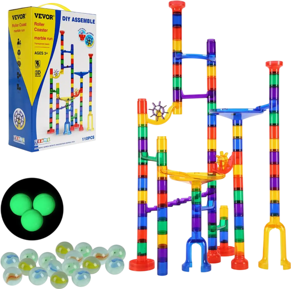 VEVOR Marble Run Set, 110 Piece Marble Maze Building Block Brain Game, with 10 Glow in the Dark Marbles + 20 Glass Marbles, Educational Learning Race Track STEM Toys, for Kids, Boys, Girls Ages 3 +