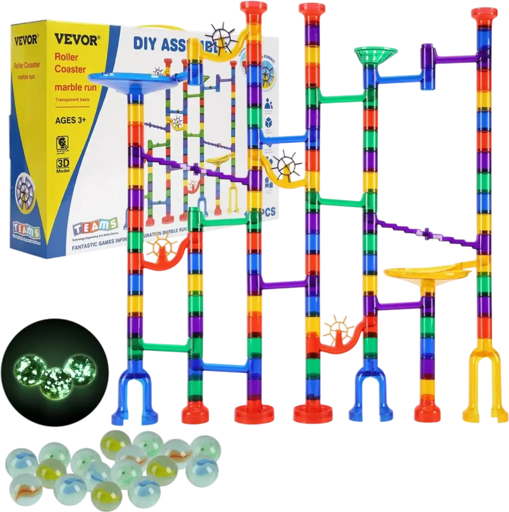 VEVOR Marble Run Set, 145 Piece Marble Maze Building Block Brain Game, with 5 Glow in the Dark Marbles + 40 Glass Marbles, Educational Learning Race Track STEM Toys, for Kids, Boys, Girls Ages 3 +