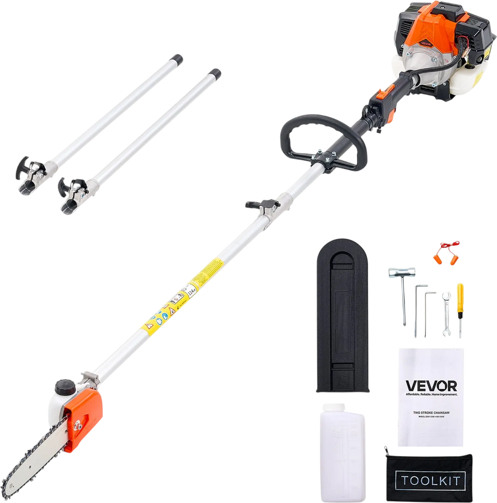 VEVOR Gas Pole Saw, 33CC 2 Stroke Gas Powered Pole Saws with 8 in Cutting Bar, Cordless Tree Trimmer with 30 fl.oz Fuel Tank, 6.7 to 11.6 ft Extendable, Powerful Chainsaw for Tree Trimming Pruning