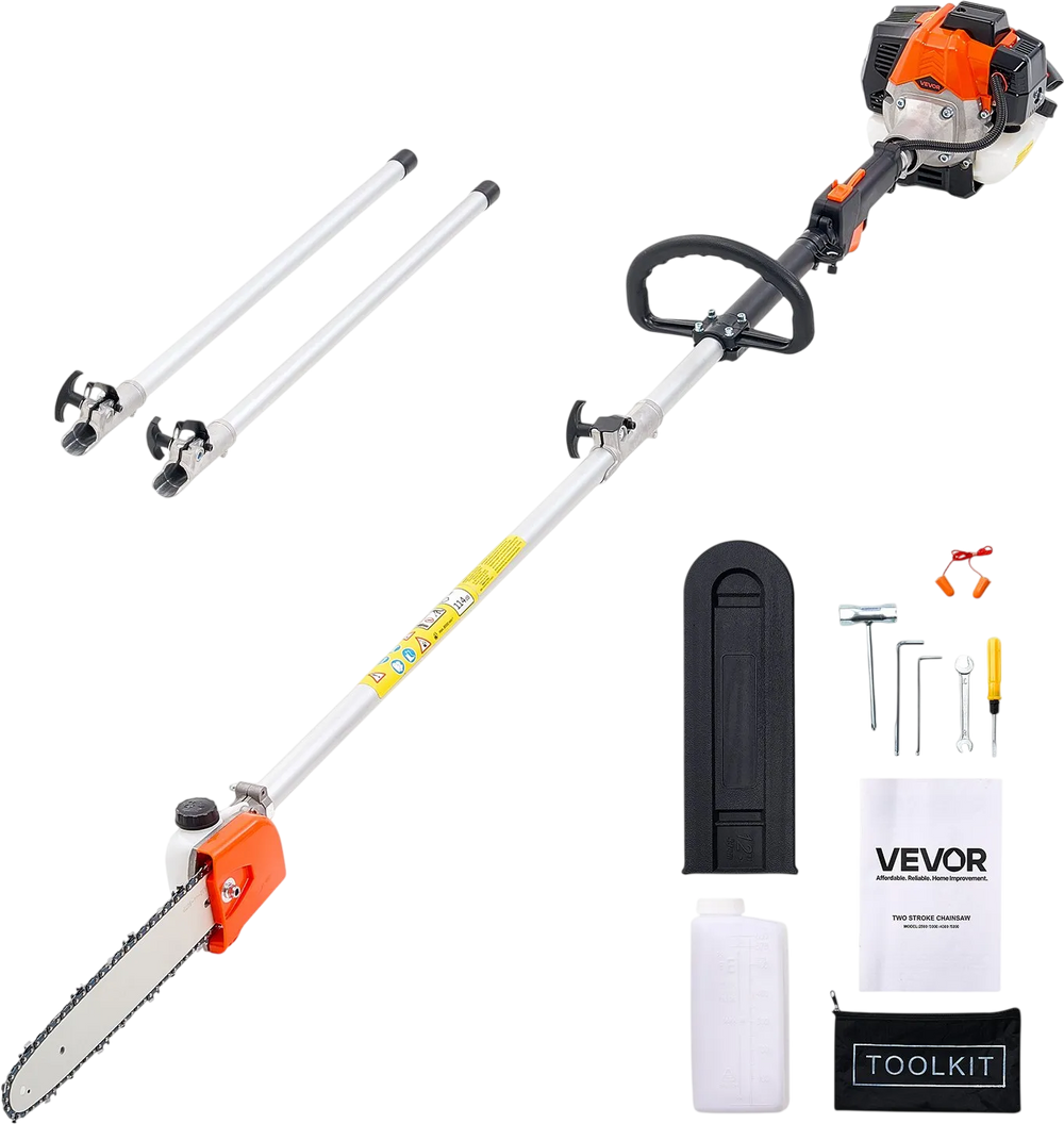 VEVOR Gas Pole Saw, 25CC 2 Stroke Gas Powered Pole Saws with 12 in Cutting Bar, Cordless Tree Trimmer with 23 fl.oz Fuel Tank, 7 to 12 ft Extendable, Powerful Chainsaw for Tree Trimming Pruning