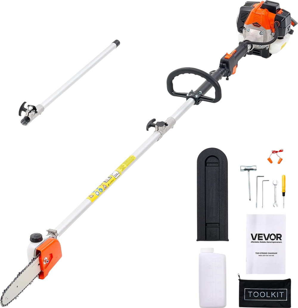 VEVOR Gas Pole Saw, 25CC 2 Stroke Gas Powered Pole Saws with 8 in Cutting Bar, Cordless Tree Trimmer with 23 fl.oz Fuel Tank, 6.5 to 9 ft Extendable, Powerful Chainsaw for Tree Trimming Pruning