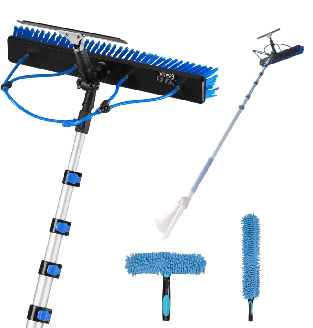 VEVOR Solar Panel Cleaning Kit, 33 ft, Water Fed Pole Kit with Cleaning Brush, Squeegee, Soap Dispenser, Extendable Aluminum Telescopic Pole, 180° Rotatable Brush Head, for Roof Mounted Solar Panels