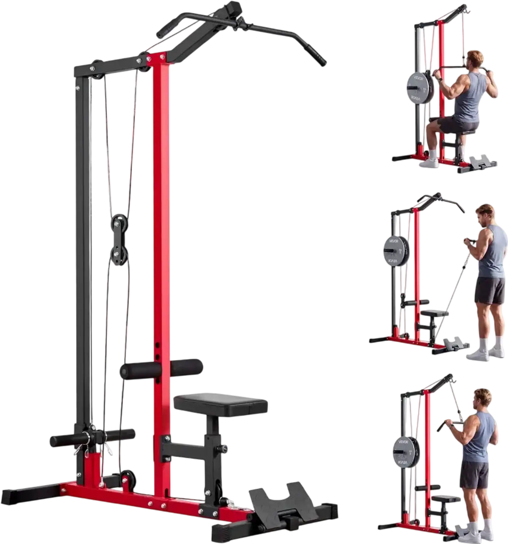 VEVOR LAT Pull Down Machine, 2-in-1 Row Cable Machine, Cable Machines Home Gym with 3-Level Adjustable Seat, 4-Level Adjustable Foam Roller, Load 500 lbs Lat Tower for Back, Chest, Tricep, Black Red