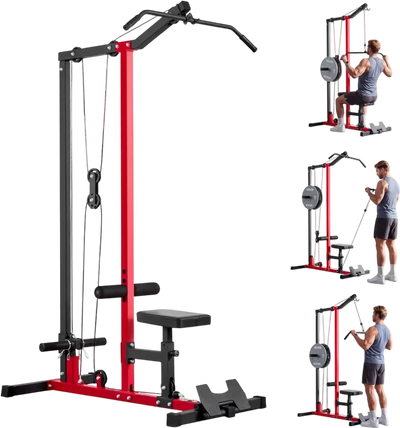 VEVOR LAT Pull Down Machine, 2-in-1 Row Cable Machine, Cable Machines Home Gym with 3-Level Adjustable Seat, 4-Level Adjustable Foam Roller, Load 500 lbs Lat Tower for Back, Chest, Tricep, Black Red
