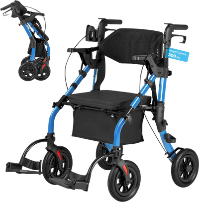 VEVOR 2-in-1 Rollator Walker & Transport Chair for Seniors, Foldable Rolling Walker Wheelchair, Lightweight Aluminum Mobility Walking Aid with Solid PU Wheels, Cup & Cane Holder - Supports 300LBS