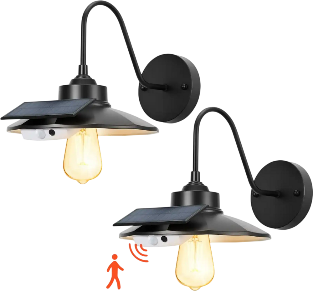 VEVOR Solar Outdoor Barn Light, 3 Lighting Modes and Motion Sensor, 2-Pack Gooseneck Light Fixture, Farmhouse Wall Sconce, with E27 Bulb Compatible, Waterproof for Porch, House, Entryway, Garage, Black
