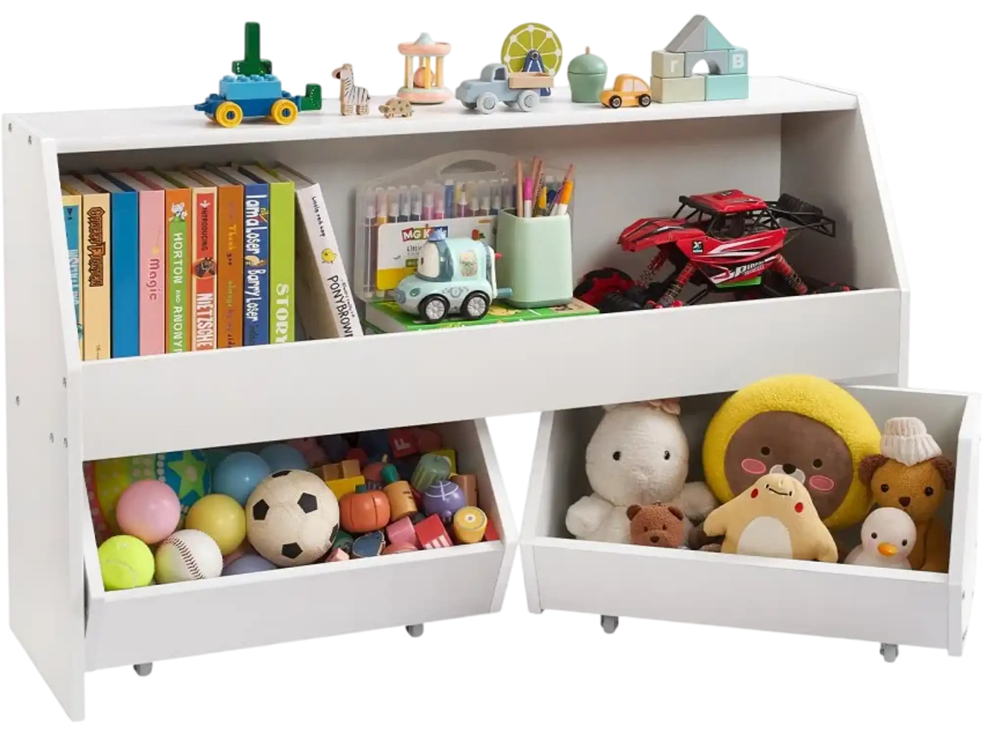Vevor Toy Storage Organizer Wooden Kids Bookshelf with 2 Mobile Drawers White New