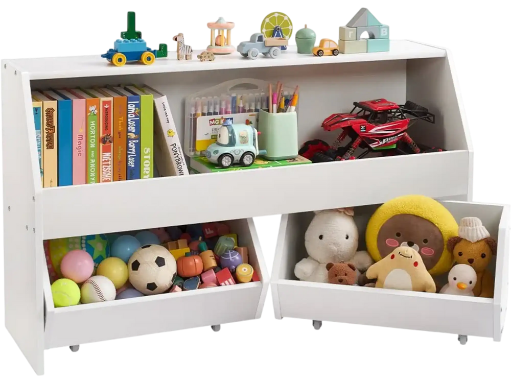 VEVOR Toy Storage Organizer, Wooden Kids Bookshelf with Storage, Toy Storage Cabinet with 2 Mobile Drawers, Kids Storage Organizer for Bedroom, Nursery, Living Room, Entryway, Preschool, White