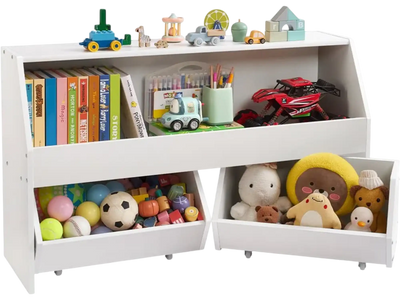 VEVOR Toy Storage Organizer, Wooden Kids Bookshelf with Storage, Toy Storage Cabinet with 2 Mobile Drawers, Kids Storage Organizer for Bedroom, Nursery, Living Room, Entryway, Preschool, White