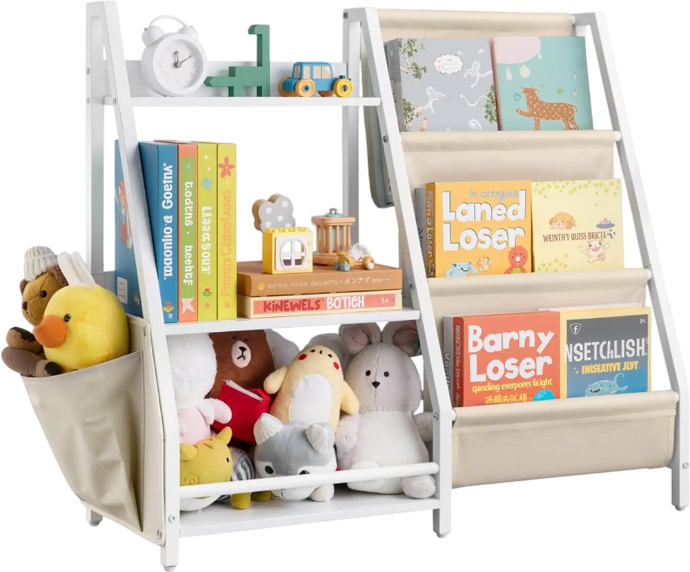 VEVOR 3-Tier Kids Bookshelf, Toy Storage Organizer for Toddler, Book Shelf for Kids Rooms with Sling Book Rack and Storage Bag, Kids Storage Book Shelves for Kids Room, Playroom, Kindergarten, Nursery