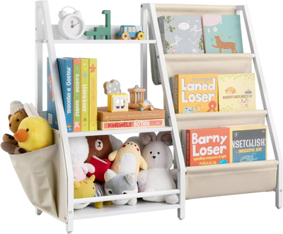 VEVOR 3-Tier Kids Bookshelf, Toy Storage Organizer for Toddler, Book Shelf for Kids Rooms with Sling Book Rack and Storage Bag, Kids Storage Book Shelves for Kids Room, Playroom, Kindergarten, Nursery