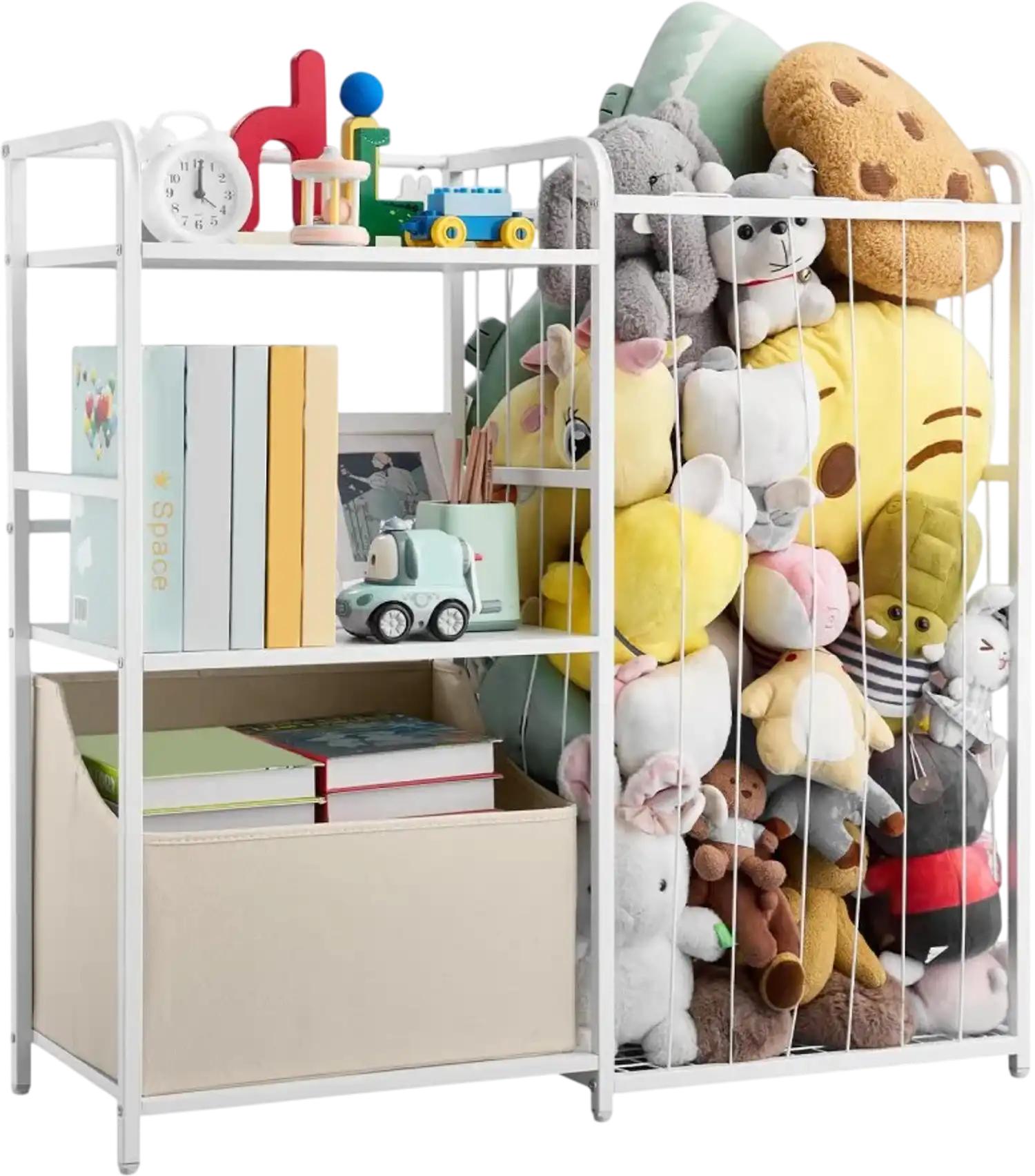 Vevor Toy Storage Organizer Kids Bookshelf with Fabric Toy Chest 2-Tier 4-Cubby White New