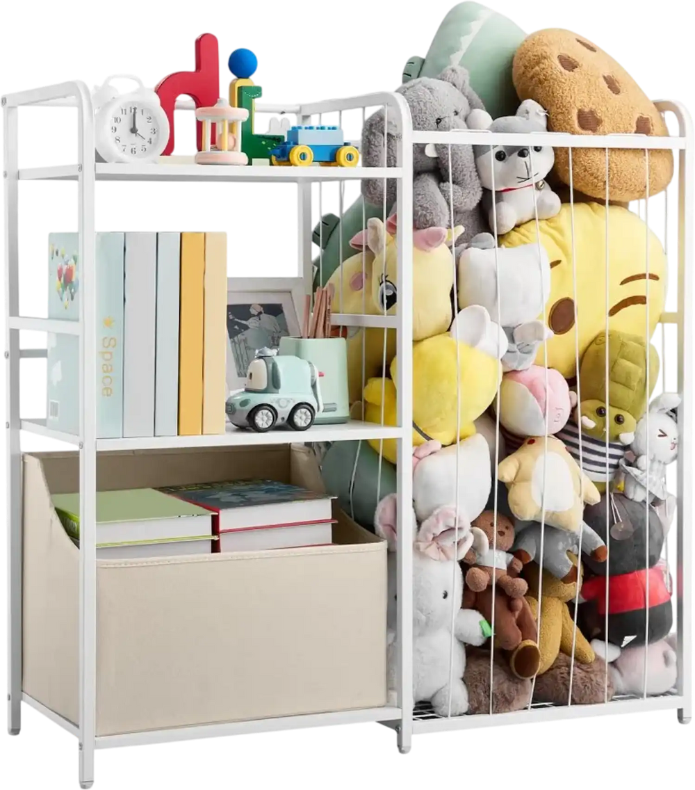VEVOR Kids Bookshelf and Stuffed Animal Storage, Toy Storage Organizer, 2-Tier Book Shelf with Fabric Toy Chest, Toy Storage for Kids Room, Living Room, Entryway, Nursury, Preschool, White