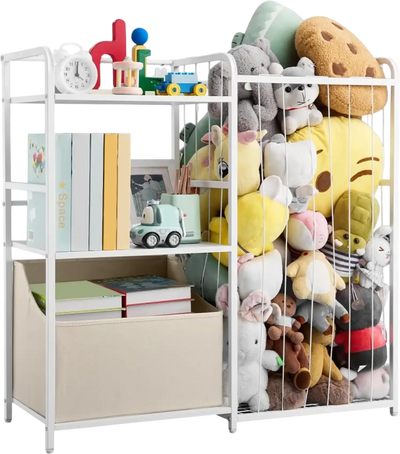 VEVOR Kids Bookshelf and Stuffed Animal Storage, Toy Storage Organizer, 2-Tier Book Shelf with Fabric Toy Chest, Toy Storage for Kids Room, Living Room, Entryway, Nursury, Preschool, White