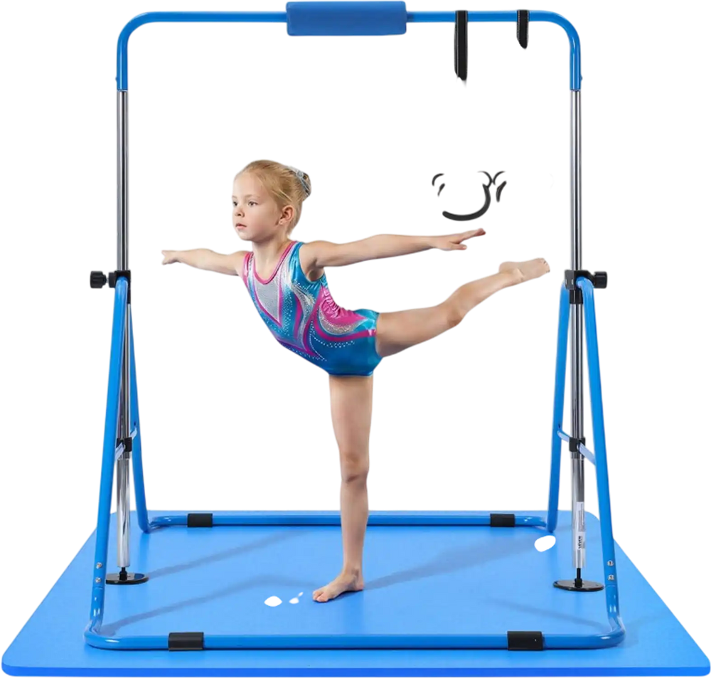 VEVOR Gymnastic Bars for Kids, 140 lbs Capacity Folding Training Kip Bar with Mat, Adjustable Height Gymnastic Horizontal Bar for Home, Training Equipment for Indoor Outdoor, Easy to Assemble, Blue