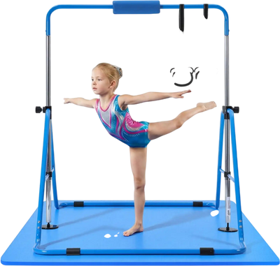 Vevor Gymnastic Bar Adjustable Height Folding Training Kip Bar with Mat Blue New